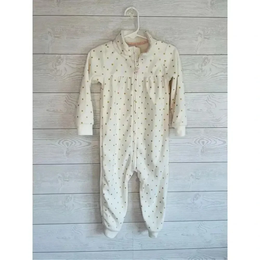 Carter’s white/gold polka dot fleece jumpsuit Size 24 months